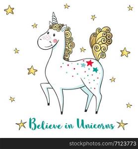 Greeting card with cute Unicorn and stars. Cartoon hand drawn unicorn. Vector illustration. Design for greeting cards, t-shirt and other