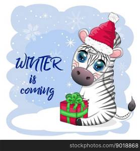 Greeting card with cute zebra in santa hat with christmas ball, candy kane, gift. The winter is coming. Wildlife holidays cartoon character.. Greeting card with cute zebra in santa hat with christmas ball, candy kane, gift. Wildlife holidays cartoon character.