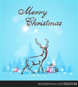 Greeting card with deer and Christmas gifts on a blue background.