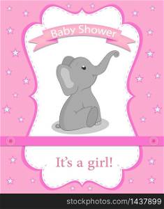 Greeting card with elephant for a girl on Baby Shower. Pink background. Baby shower invitation card with grey elephant. Vector eps10. Greeting card with elephant for a girl on Baby Shower. Pink background. Baby shower invitation card with grey elephant. Vector illustration