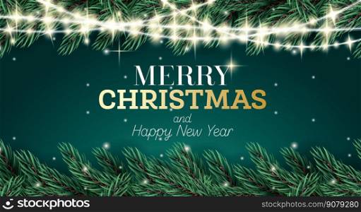Greeting Card with Fir Branch and Neon Garland on Green Background. Merry Christmas and Happy New Year. Vector Illustration. 