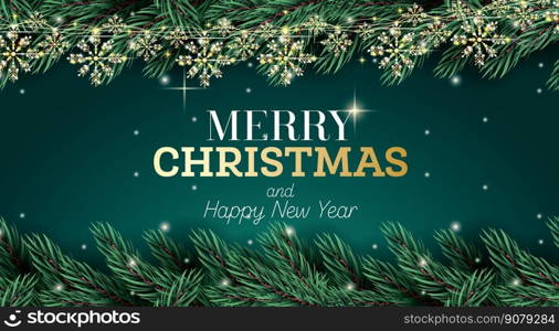 Greeting Card with Fir Branch, Neon Lights, Golden Garland with Snowflakes on Green Background. Merry Christmas and Happy New Year. Vector Illustration. 