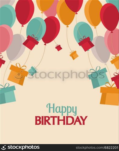 Greeting card with flying balloons and gifts