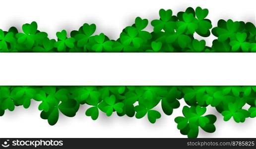 Greeting card with green clovers. Realistic green clovers background. Modern geometric template. Trendy paper art design. Vector illustration