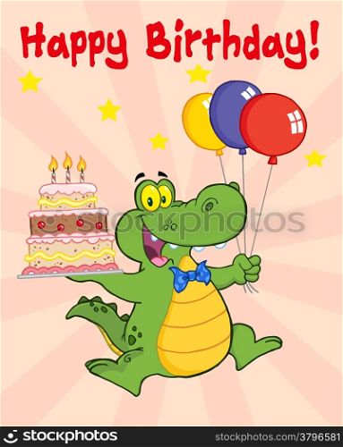 Greeting Card With Happy Crocodile Holding Up A Birthday Cake With Candles And Balloons