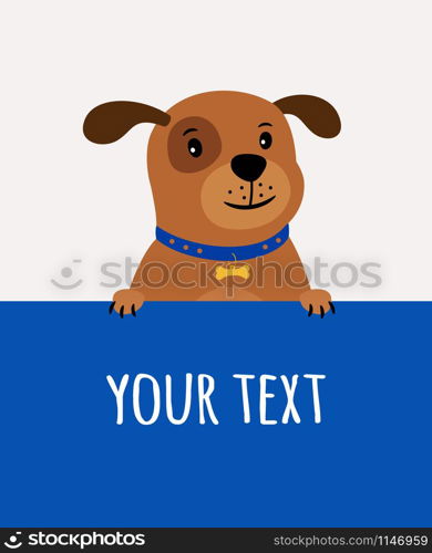 Greeting card with happy cute dog and place for text on blue background, vector illustration. Greeting card with happy cute dog