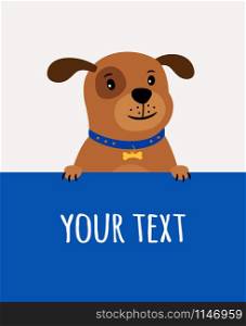 Greeting card with happy cute dog and place for text on blue background, vector illustration. Greeting card with happy cute dog