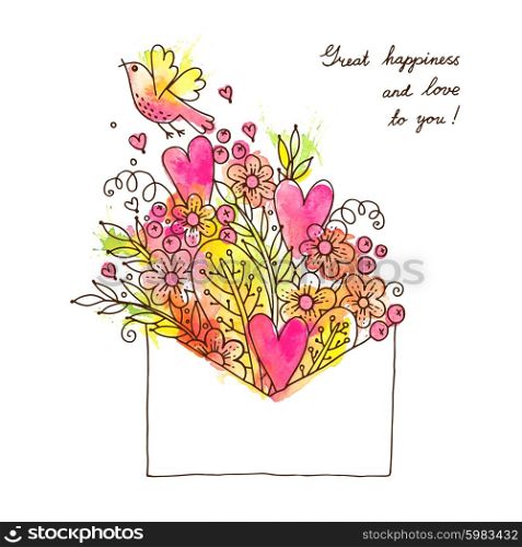 Greeting card with hearts, bird and flowers. Vector illustration.