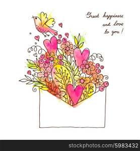 Greeting card with hearts, bird and flowers. Vector illustration.