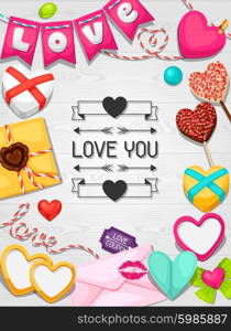 Greeting card with hearts, objects, decorations. Concept can be used for Valentines Day, wedding or love confession message.