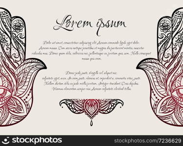 Greeting card with Illustration of Hamsa with boho pattern. Henna Buddhas hand. Vector template dor banners, card, invitation and your design. Greeting card with Illustration of Hamsa with boho pattern. Henna Buddhas hand.