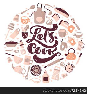 Greeting card with Lets cook calligraphy lettering vector text for food blog kitchen. Hand drawn cute quote design cooking scandinavian element. For restaurant, cafe menu or banner, poster.. Greeting card with Lets cook calligraphy lettering vector text for food blog kitchen. Hand drawn cute quote design cooking scandinavian element. For restaurant, cafe menu or banner, poster