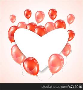 Greeting card with pink and red glossy balloons. Frame shape of heart. Greeting card with pink and red glossy balloons. Frame shape of heart.