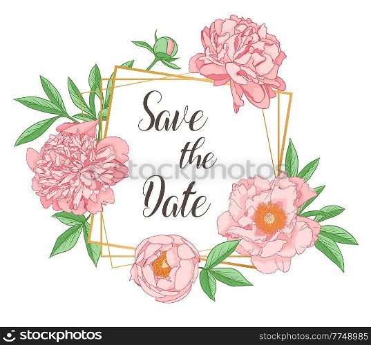 Greeting card with pink peony flowers on a white background. Hand drawn vector illustration