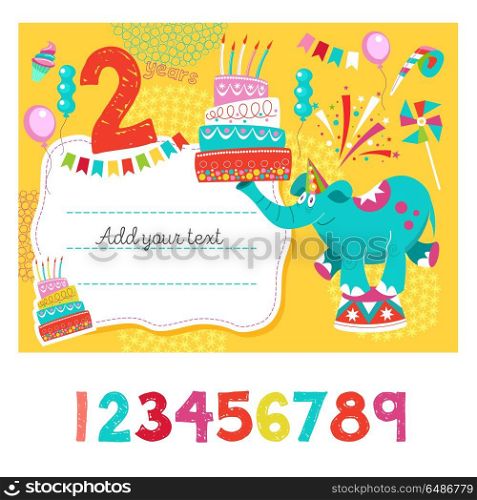 Greeting card with place for text. An invitation to a party in h. Greeting card with place for text. An invitation to a party in honor of his birthday. Circus show, a happy holiday.