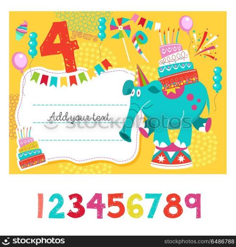 Greeting card with place for text. An invitation to a party in h. Greeting card with place for text. An invitation to a party in honor of his birthday. Circus show, a happy holiday.