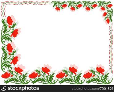 Greeting card with placed around the perimeter a floral ornament with red poppies and colourful lines, hand drawing vector illustration
