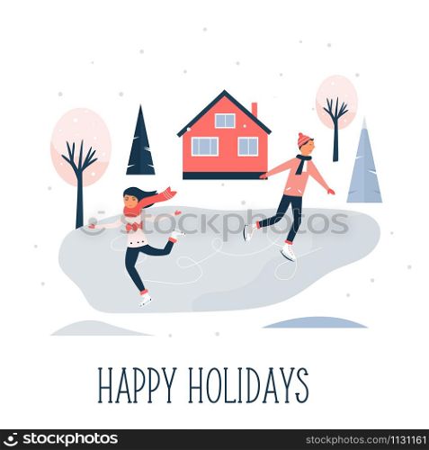 Greeting card with pretty skating girl and boy. Happy holidays. Greeting card with pretty skating girl and boy