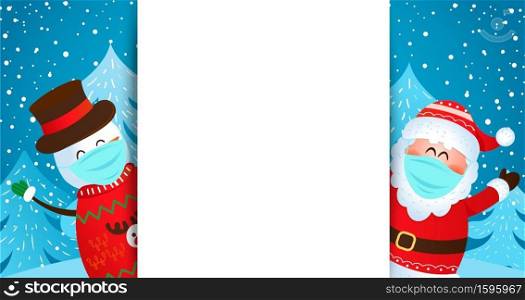 Greeting card with Santa and snowman in masks wishing merry christmas and happy New Year and inviting to new season 2021.Banner,flyer for seasonal holidays with place for text. Vector illustration.. Greeting card with Santa and snowman in masks.