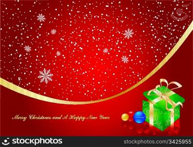 Greeting card with snowflakes, gift box and baubles, vector illustration