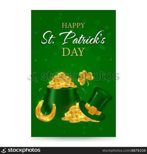 Greeting card with symbols of St. Patricks Day. Gold coins, wealth, Leprechaun hat, golden shamrocks horseshoe. Vector illustration.. Greeting card with symbols of St. Patricks Day.
