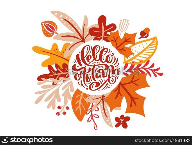 greeting card with text Hello Autumn. Orange leaves of maple, red foliage, oak and birch tree, fall nature season poster or thanksgiving day banner design.. greeting card with text Hello Autumn. Orange leaves of maple, red foliage, oak and birch tree, fall nature season poster or thanksgiving day banner design