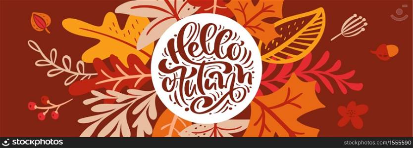 Greeting card with text Hello Autumn panoramic banner. Orange leaves of maple, september, october or november foliage, oak and birch tree, fall nature season banner design.. Greeting card with text Hello Autumn panoramic banner. Orange leaves of maple, september, october or november foliage, oak and birch tree, fall nature season banner design