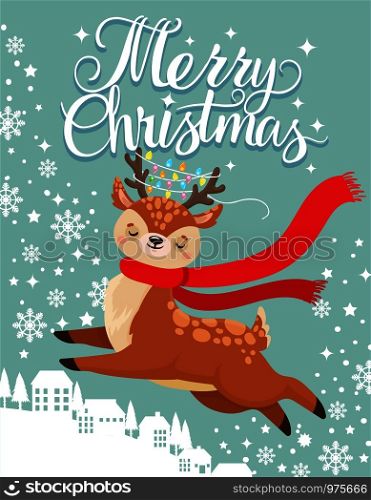 Greeting card with xmas deer. Merry christmas postcard, cute fawn and winter holidays. New 2020 Year winter invitation card with reindeer character cartoon vector illustration. Greeting card with xmas deer. Merry christmas postcard, cute fawn and winter holidays cartoon vector illustration