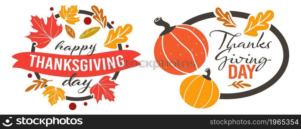 Greeting cards and banners for thanksgiving holiday, isolated posters or flyers with pumpkins and maple dry autumn leaves and foliage. Decorative frames with botany ornaments. Vector in flat style. Thanksgiving day, holiday celebration banners