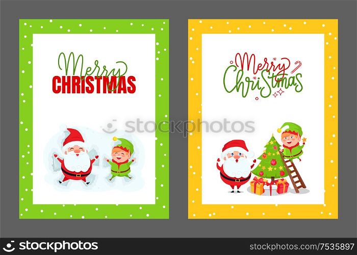 Greeting cards Christmas tree, Santa and elf. Vector huge xmas spruce decorated by happy dwarf and Father Frost from ladder, gift boxes under fir. Greeting Cards Christmas Tree Santa and Elf Vector