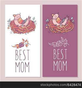 Greeting cards for mothers day. The best mom. Mama bird sits in the nest. Vector illustration.