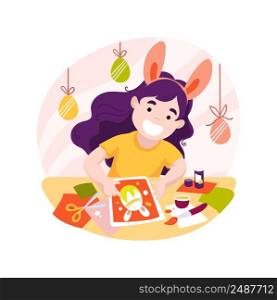 Greeting cards isolated cartoon vector illustration. Girl in bunny ears making egg gift card for Easter celebration, religious holiday preparation, handmade greeting pasteboard vector cartoon.. Greeting cards isolated cartoon vector illustration.