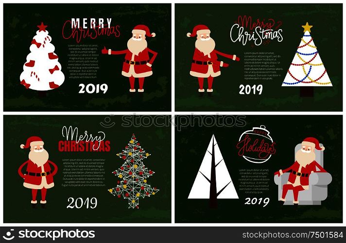 Greeting cards on 2019 New Year holiday. Vector postcards samples with decorated Xmas trees topped by star with bows, socks and garlands, Santa Claus. Greeting Card 2019 New Year Holiday Vector Poster
