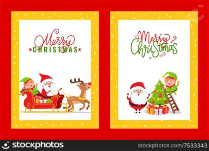 Greeting cards with Holiday Spirit and cartoon heroes. Vector images of Santa Claus and helper Elf decorating with Christmas decoration stuff xmas tree. Greeting Cards with Holiday Spirit and Cartoon Heroes