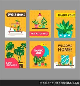 Greeting cards with home plants set. Houseplants with pots vector illustrations with thank you and welcome home text. Home and housewarming concept for postcards design