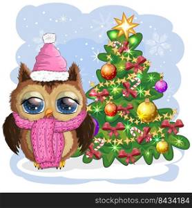 Greeting Christmas card Cute Cartoon Owl with Christmas tree.. Greeting Christmas card Cute Cartoon Owl with Christmas tree on a white background
