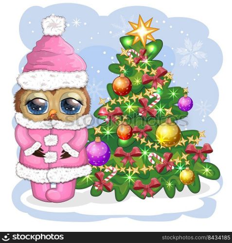 Greeting Christmas card Cute Cartoon Owl with Christmas tree.. Greeting Christmas card Cute Cartoon Owl with Christmas tree on a white background