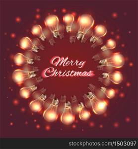 Greeting Christmas card with festive garlands of light bulbs. Round frame made of light bulbs. Vector card for your creativity. Greeting Christmas card with festive garlands of light bulbs.
