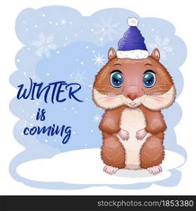 Greeting Christmas card with funny hamster character. Winter is coming, Christmas, presents and tree. Greeting christmas card with funny hamster character