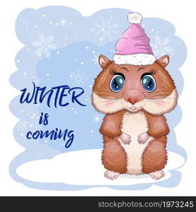 Greeting Christmas card with funny hamster character. Winter is coming, Christmas, presents and tree. Greeting christmas card with funny hamster character