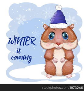 Greeting Christmas card with funny hamster character. Winter is coming, Christmas, presents and tree. Greeting christmas card with funny hamster character