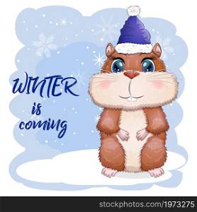 Greeting Christmas card with funny hamster character. Winter is coming, Christmas, presents and tree. Greeting Christmas card with funny hamster character. Winter is coming, Christmas