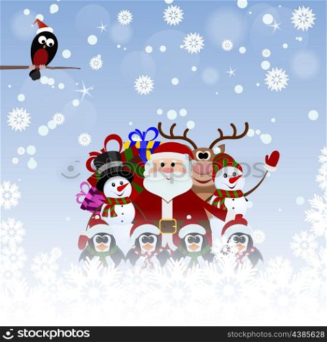 Greeting Christmas card with Santa Claus, reindeer, snowman, penguins and bullfinch