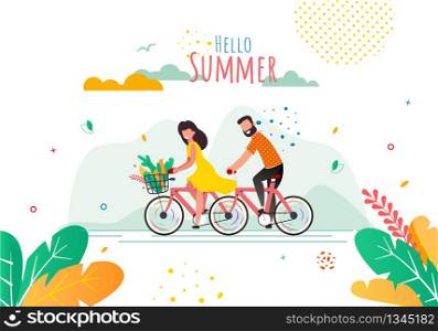 Greeting Flat Banner with Cartoon Cyclists. Hello Summer Lettering. Couple in Love, Man and Woman Riding Bicycle. Vector Illustration with Tropical Foliage Design. Active Recreation Outdoors. Greeting Summer Flat Banner with Cartoon Cyclists