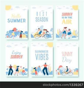 Greeting Flat Cartoon Summer Cards and Vibes Set. Inspiration Phrase and Titles with Happy People Enjoying Summertime. Social Media Covers, Vertical Advertising Banners. Vector Illustration. Greeting Flat Cartoon Summer Cards Set with People