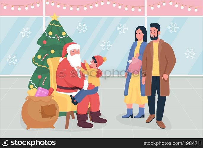 Greeting from Santa in mall flat color vector illustration. Happy parents. Child asking for present. Kid wishing for gift. People in shopping center 2D cartoon characters with displays on background. Greeting from Santa in mall flat color vector illustration
