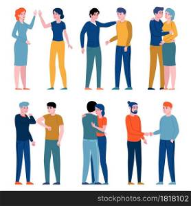 Greeting gestures people. Women and men greeting each other different ways, persons hugging, shake hands, give five, bump elbows vector set of social outside greet. Greeting gestures people. Women and men greeting each other different ways, persons hugging, shake hands, give five, bump elbows. Vector set
