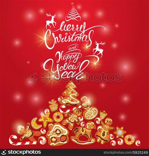Greeting holiday Card of xmas gingerbread - cookies in angel, star, house, horse, reindeer and fir-tree branches. Hand written calligraphic text Merry Christmas and Happy New Year on red background.