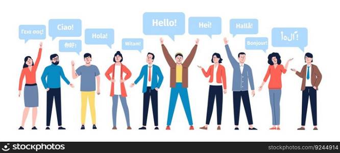 Greeting in native languages. Friendly multilingual people, diverse students communication. Welcome hello from foreigner, multicultural vector characters of communication multilingual illustration. Greeting in native languages. Friendly multilingual people, diverse students communication. Welcome hello from foreigner, multicultural recent vector characters