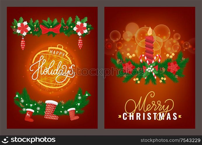 Greeting Merry Christmas and Happy New Year on shining ball and holiday candle with bubble. Branches and pine cones with candy and snowflakes vector. Greeting Merry Christmas and Happy New Year Vector